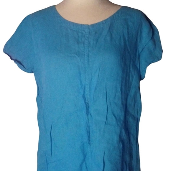 C & C California Breezy Bright Blue Button Back 100% Linen Blouse Size Medium - Picture 3 of 7